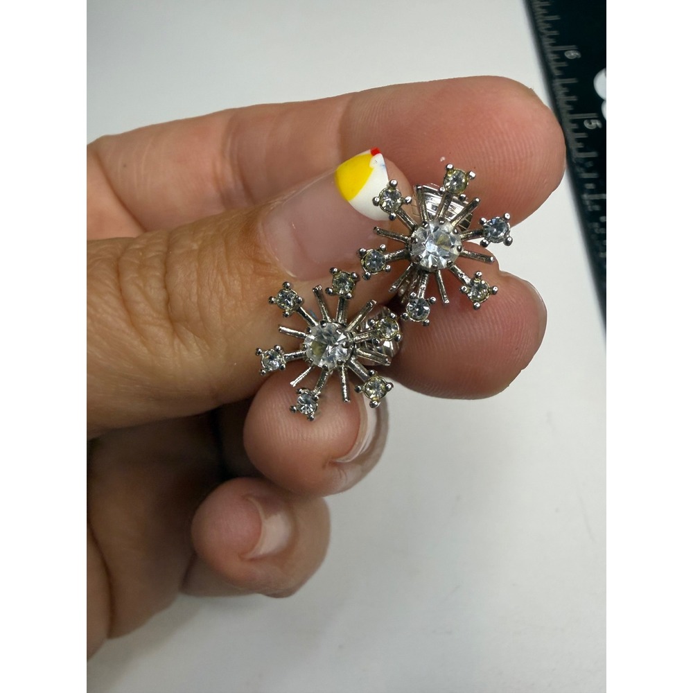 Avon Silver Tone Rhinestone Sunburst Snowflake Clip On Earrings Statement